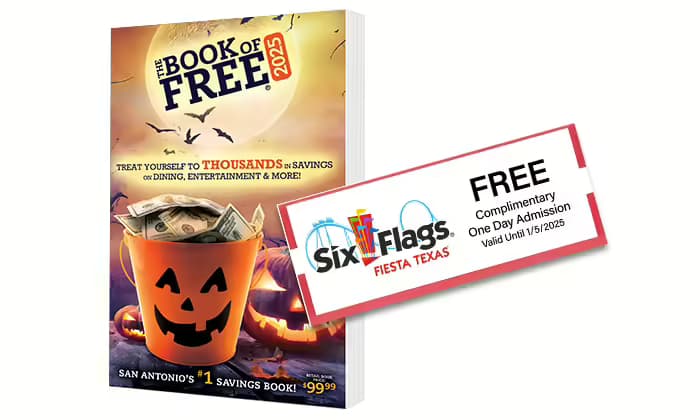 2025 Book of Free with 1 Six Flags Fiesta Texas Ticket