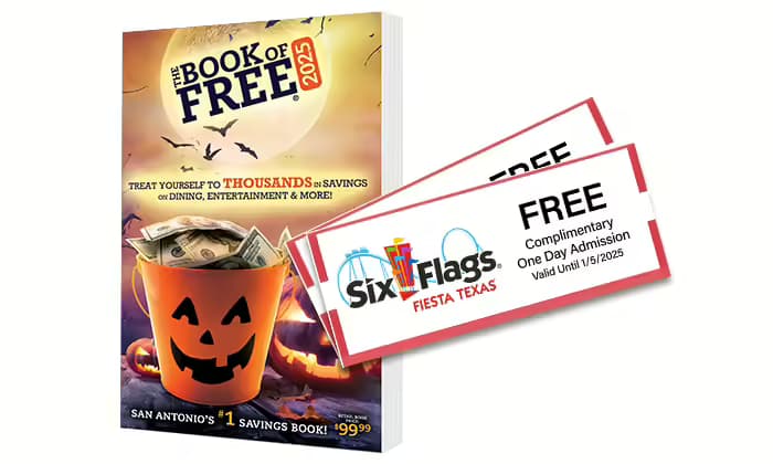 2025 Book of Free with 2 Six Flags Fiesta Texas Tickets