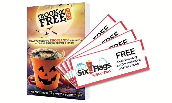 2025 Book of Free with 4 Six Flags Fiesta Texas Tickets